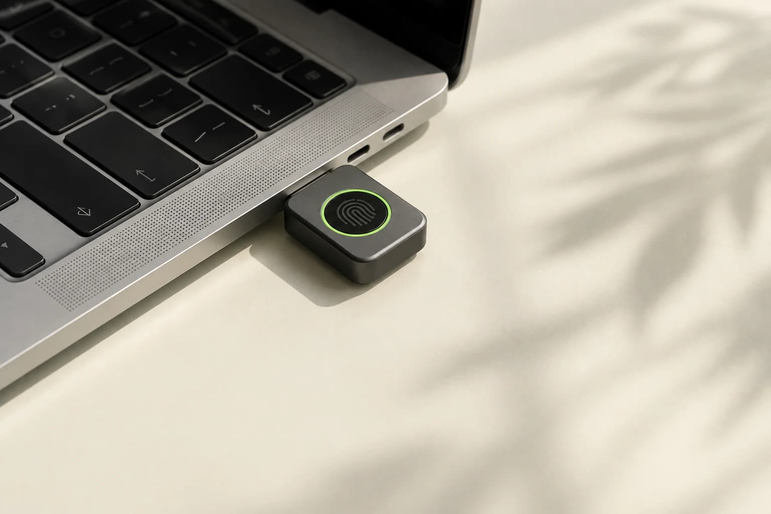 TinyDigit One branché au port USB-C d’un ordinateur, sur un bureau ensoleillé.